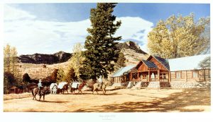 Painting of OTO founder Dick Randall leading a pack string up to the lodge after a successful elk hunt