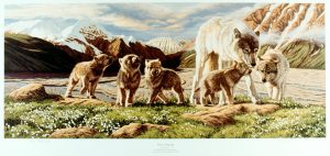 Painting of a couple of wolves and a group of four pups
