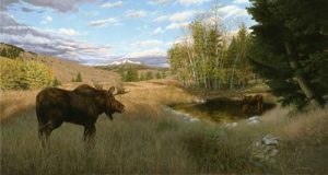 Painting of a male moose standing in the grass looking at a female moose and a calf standing in a lake